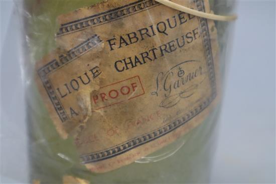 One bottle of vintage yellow Grande Chartreuse Liqueur, circa 1951-56, remnants of label